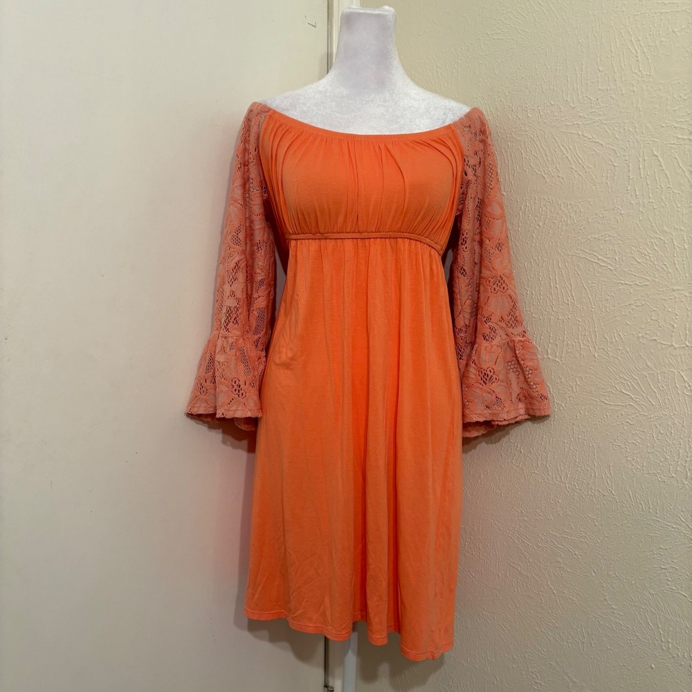 Vintage Y2K Orange Lace Bell Sleeve Off Shoulder Empire Mini Dress 70s Boho Sz S